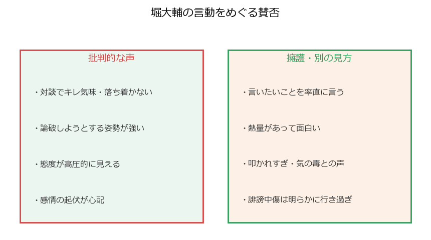 堀大輔の言動をめぐる批判と擁護を対比した図解